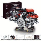 Resim Super Kırmızı Spor Araba V8 Motorlu Tuğla Elektrikli Motor Teknolojisi Mekanik Montaj Oyuncak Model Doğum Günü Hediyesi 