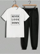 Resim CLAYES Never Beyaz T-shirt Siyah Eşofman Altı Jogger - Baskılı Alt Üst Eşofman Takım Oversize Bisiklet Yak 