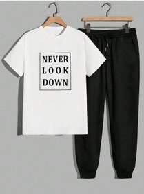 Resim CLAYES Never Beyaz T-shirt Siyah Eşofman Altı Jogger - Baskılı Alt Üst Eşofman Takım Oversize Bisiklet Yak 