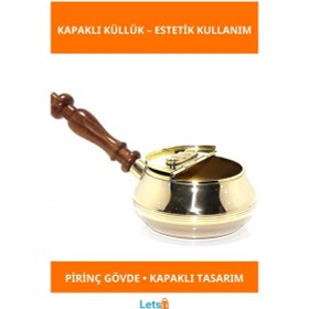 Resim Pirinç Kapaklı Estetik Küllük Ahşap Saplı Şık Tasarım 