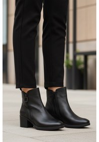Resim Siyah Hakiki Deri Fermuarlı Polarlı Kadın Topuklu Bot 92163-1 Z Siyah 