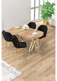 Resim Canisa Zae Serisi 90x168 Lak Panel Hazar Gold Ayak Masa Takımı 4 Siyah Sandalye Hazar Masa Siyah Sandalye Ayaklar Gold 