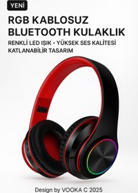 Resim VOOKA RGB Işıklı Kablosuz Bluetooth Kulak Üstü Kulaklık | Müzik, Oyun, Mikrofonlu, Katlanabilir 