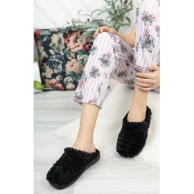 Resim Gezer Siyah Renkli Peluş Tüylü Kadın Ortopedik Yıkanabilir Ev Oda Kaydırmaz Terlik 13666 