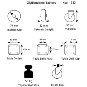 Resim Hts Döner Tablalı Frenli Mobilya Tekeri Çap 74 Mm Kod 353 
