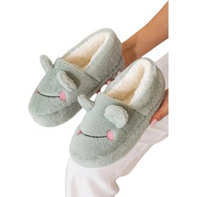 Resim Liger Kışlık Kadın Panduf Ev Ayakkabısı | Kurbağa Figürlü | Kaydırmaz Taban Yeşil 