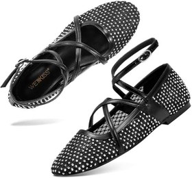 Resim wetkiss Örgü bale Flats kadınlar için yuvarlak ayak balerin Flats ayakkabı rahat ayarlanabilir ayak bileği kayışı Fishnet Mary Jane daireler 