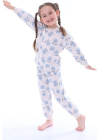 Resim Kız Çocuk Mavi Çiçek Desenli Uzun Kollu Pijama Takımı-912 Mavi 