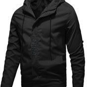 Resim Erkekler için tüm mevsimler spor ceketi, düz renk polyester %100 kapüşonlu fermuarlı dış giyim, dikişli rahat hafta sonu ceketi, düzenli uzun kollu, dokuma kumaş, 133g/m² ağırlık 