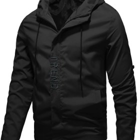 Resim Erkekler için tüm mevsimler spor ceketi, düz renk polyester %100 kapüşonlu fermuarlı dış giyim, dikişli rahat hafta sonu ceketi, düzenli uzun kollu, dokuma kumaş, 133g/m² ağırlık 