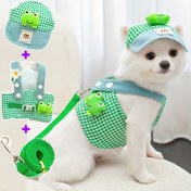 Resim Köpek Göğüs Taşıyıcı + Tasma + Güneş Şapkası 3'lü Set, Yumuşak ve Nefes Alabilir, Üç Parçalı Ördek ve Kurbağa İlkbahar ve Yaz Kedi ve Yavru Köpek Göğüs Askısı ve Tasma Seti 