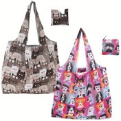 Resim 2 adet Polyester Tekrar Kullanılabilir Alışveriş Çantası, Katlanabilir, Makinede Yıkanabilir, Hafif Tote, Sevimli Kedi ve Köpek Tasarımıyla Alışveriş ve Depolama İçin 