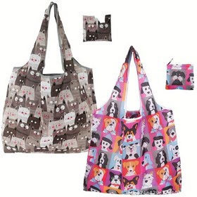 Resim 2 adet Polyester Tekrar Kullanılabilir Alışveriş Çantası, Katlanabilir, Makinede Yıkanabilir, Hafif Tote, Sevimli Kedi ve Köpek Tasarımıyla Alışveriş ve Depolama İçin 