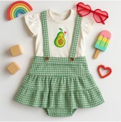 Resim Mini Kids Baby Kız Bebek/çocuk Avakado Baskılı T-shirt Gofre Kumaş Ekose Pötikareli Fırfırlı Askılı Şort Etek Takım 