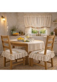 Resim Romantik Ege Turuncu Gül Kanaviçe Nakışlı Fırfırlı Sandalye Minderi Çok Renkli 