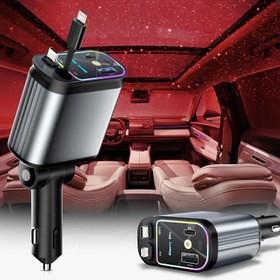 Resim SAN.COMO 4'ü 1 arada adaptör, 31.5 inçlik teleskopik kablo ve 2 USB portu ile 180° ayarlanabilir yönü, telefon modelleri için uygun, tüm araçlar için evrensel, projeksiyon tavan aydınlatması, USB C şarj cihazı, anti-karışım yay tasarımı, hızlı 66W şarj 