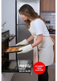 Resim Prestij 2 Eldivenli Set Sıvı Geçirmez Su Geçirmez Mutfak Önlüğü 2 Eldiven Krem Krem 