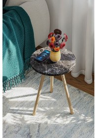 Resim İntergo Yuvarlak Ahşap Ayaklı Tekli Zigon Yan Sehpa Siyah Mermer 