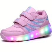 Resim Gençler için LED Işıklı Patenler - Pembe & Mavi Karanlıkta Parlayan Spor Ayakkabılar, Kanca ve Halka Kapatma, Dayanıklı Polyester Üst & Kauçuk Taban, Erkek & Kızlar için, Dış Mekan Eğlencesi, Partiler ve Sporlar için Mükemmel, Paten Ayakkabıları 