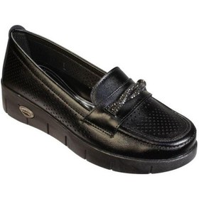 Resim Yazkış Kadın Siyah Krem Üzeri Burgulu Taşlı Comfort Kalın Taban Delikli Babet 001 