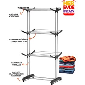 Resim 3 Katlı Xxl Tekerlekli Alüminyum Çamaşır Kurutmalık Gri 