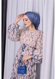 Resim Neşeli Butik Kadın Şifon Eteği Fırfırlı Desenli Tesettür Elbise Sms008 Mavi 