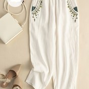 Resim Kadınlar için Beyaz Keten Nakışlı Harem Pantolon - Retro Çiçekli & Turkuaz İşlemeli, Düz Kesim Rahat Kalıp, Dokuz Ondalık Uzunluk, Makinede Yıkanabilir İlkbahar Yaz Sonbahar Günlük ve Ofis Giyimi, Çiçek Desenli Pantolon, Her Gün Moda, Keten Kumaş, Esnek Olmayan Malzeme 