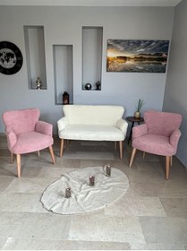 Resim Azra Mobilya Azra Aksesuar Çay Seti Oturma Grubu, Puffy Kumaş Koltuk Takımı, Ahşap Ayak, Balkon Bahçe Mobilyası Krem-pembe 