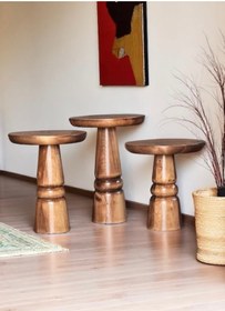 Resim ASELYA HOME Doğal Ahşap 3’lü Set Mantar Yan Sehpa Modern Fiskos Zigon Çiçeklik 