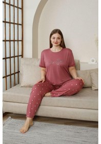 Resim Pijamoni Kadın Milan Büyük Beden Bisiklet Yaka Kısa Kol İnce Pijama Takımı 7665/12- 1 Adet Gülkurusu 