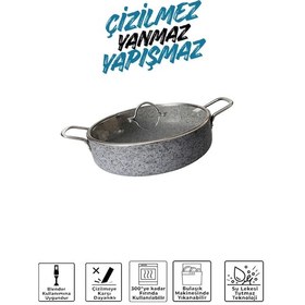 Resim Stone-h 26 Cm Çizilmez Yanmaz Yapışmaz Basık Tencere - Cam Kapaklı Karnı Yarık Tenceresi Granit 