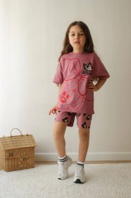 Resim Kız Çocuk Mürdüm Minnie Leopar Desenli Şortlu Takım 