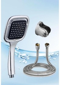 Resim Kare Duş Başlığı + Duş Hortumu + L Mafsal Duş Takımı Duş Seti Çelik Örgü Krom 