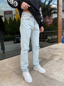 Resim Buz Mavisi Dizi Yırtık Baggy Erkek Jean Pantolon Buz Mavi 
