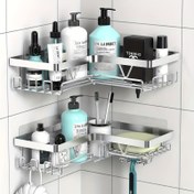 Resim 2 Katlı Paslanmaz Çelik Köşe Rafı ile Asılı Tutucu - Banyo, Duş veya Mutfak Depolama için İdeal - Dayanıklı ve Paslanmaya Dayanıklı, Ev Dekoru ve Tatil Hediyeleri için Mükemmel, Banyo Rafı|Modern Banyo Rafı|Dayanıklı Raf Malzemesi, Banyo Depolama Rafı, Raflar 