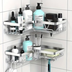 Resim 2 Katlı Paslanmaz Çelik Köşe Rafı ile Asılı Tutucu - Banyo, Duş veya Mutfak Depolama için İdeal - Dayanıklı ve Paslanmaya Dayanıklı, Ev Dekoru ve Tatil Hediyeleri için Mükemmel, Banyo Rafı|Modern Banyo Rafı|Dayanıklı Raf Malzemesi, Banyo Depolama Rafı, Raflar 