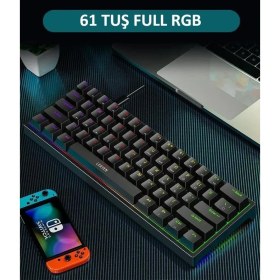 Resim Leaven K870 Blue Switch Mekanik Gaming Oyun Klavyesi Rgb 61 Key Mavi Tuş Type-C Klavye Siyah 