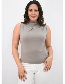 Resim Kadın Büyük Beden Drape Detaylı Dik Yaka Bluz 1851-25 001 