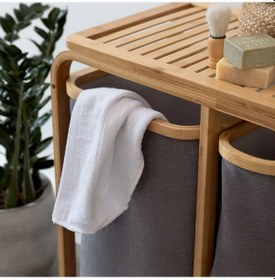 Resim Kirli Çamaşır Sepeti Ahşap - Bambu 3 Organizer Bölmeli Kumaş Çantalı 50x30x70cm 5399 Çok Renkli 