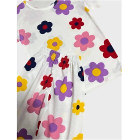 Resim Kız Çocuk Pamuklu Beyaz Papatya Çiçek Desenli Kısa Kollu Şortlu Yazlık Pijama Takımı 