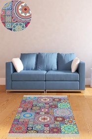 Resim Pelangi Kilim Desenli Etnik Dijital Baskı Yıkanabilir Kaymaz Taban Modern Salon Halı, Pembe 160 x 230 