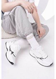 Resim Muggo Melody Kadın Kalın Taban Günlük Leopar Desenli Bağcıklı Sneaker Spor Ayakkabı Beyaz 