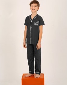 Resim Vitmo Erkek Çocuk Kısa Kollu Düğmeli %100 Pamuklu Pijama Takımı The King Antrasit 