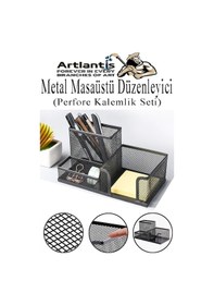 Resim Masaüstü Büro Seti 7 Parça Siyah Metal Evrak Rafı Kalemlik 3 Lü Zımba Makinesi Delegeç Ataşlık Notluk Düzenleyici 