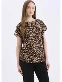 Resim DeFacto Regular Fit Leopar Desenli Bisiklet Yaka Kısa Kollu Bluz E7038AX25SPBG150 