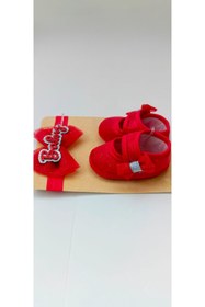 Resim VaVbaby Ruby Barbie Kırmızı Renk Bebek Bandana Ve Ayakkabı 0-6 Ay Şirin Sevimli Rahat Yumuşak Taban 