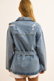 Resim Olalook Kadın Mavi Lazer Yırtıklı Kuşaklı Denim Ceket CKT-19000451 
