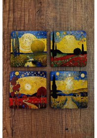 Resim Doğal Taş Bardak Altlığı 4'lü Set 10x10x1 Cm Yapay Zeka Desenleri -stone Coasters Çok Renkli 