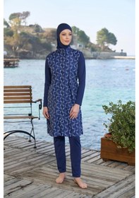 Resim Estiva 25944 Lacivert Fermuarlı Geometrik Desenli Tam Boy Tesettür Mayo Lacivert 