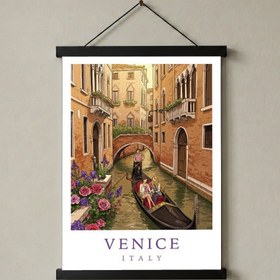 Resim Venice Italy Travel Poster - Gondola Canal Romantic Wall Art Print - With Hanger - Black / 24 x 36" (60x90 cm) 